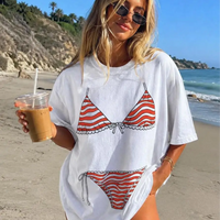 RodyThread Unbranded USA Bikini Top T-Shirt Red White Striped Swimsuit Coverup Shirt For Women Preppy Coastal Aesthetic Cotton Graphic Tee Patriotic 4th Of July Beach Vacation Girls Trip Bachelorette Bridesmaid Gift Clean Look Trendy Summer Apparel