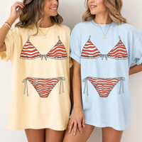RodyThread Unbranded USA Bikini Top T-Shirt Red White Striped Swimsuit Coverup Shirt For Women Preppy Coastal Aesthetic Cotton Graphic Tee Patriotic 4th Of July Beach Vacation Girls Trip Bachelorette Bridesmaid Gift Clean Look Trendy Summer Apparel