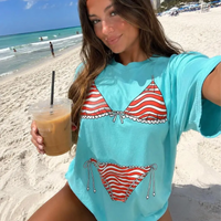 RodyThread Unbranded USA Bikini Top T-Shirt Red White Striped Swimsuit Coverup Shirt For Women Preppy Coastal Aesthetic Cotton Graphic Tee Patriotic 4th Of July Beach Vacation Girls Trip Bachelorette Bridesmaid Gift Clean Look Trendy Summer Apparel