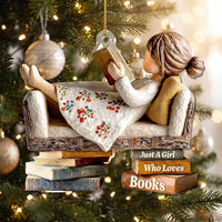 Customer in Los Angeles wearing Just A Girl Who Loves Books Ornament Cozy Reading Nook Christmas Decor, Personalized Bookworm Gift f