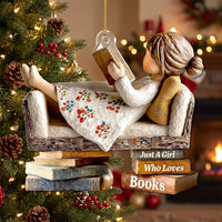 Customer in Los Angeles wearing Just A Girl Who Loves Books Ornament Cozy Reading Nook Christmas Decor, Personalized Bookworm Gift f