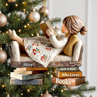 Customer in Los Angeles wearing Just A Girl Who Loves Books Ornament Cozy Reading Nook Christmas Decor, Personalized Bookworm Gift f