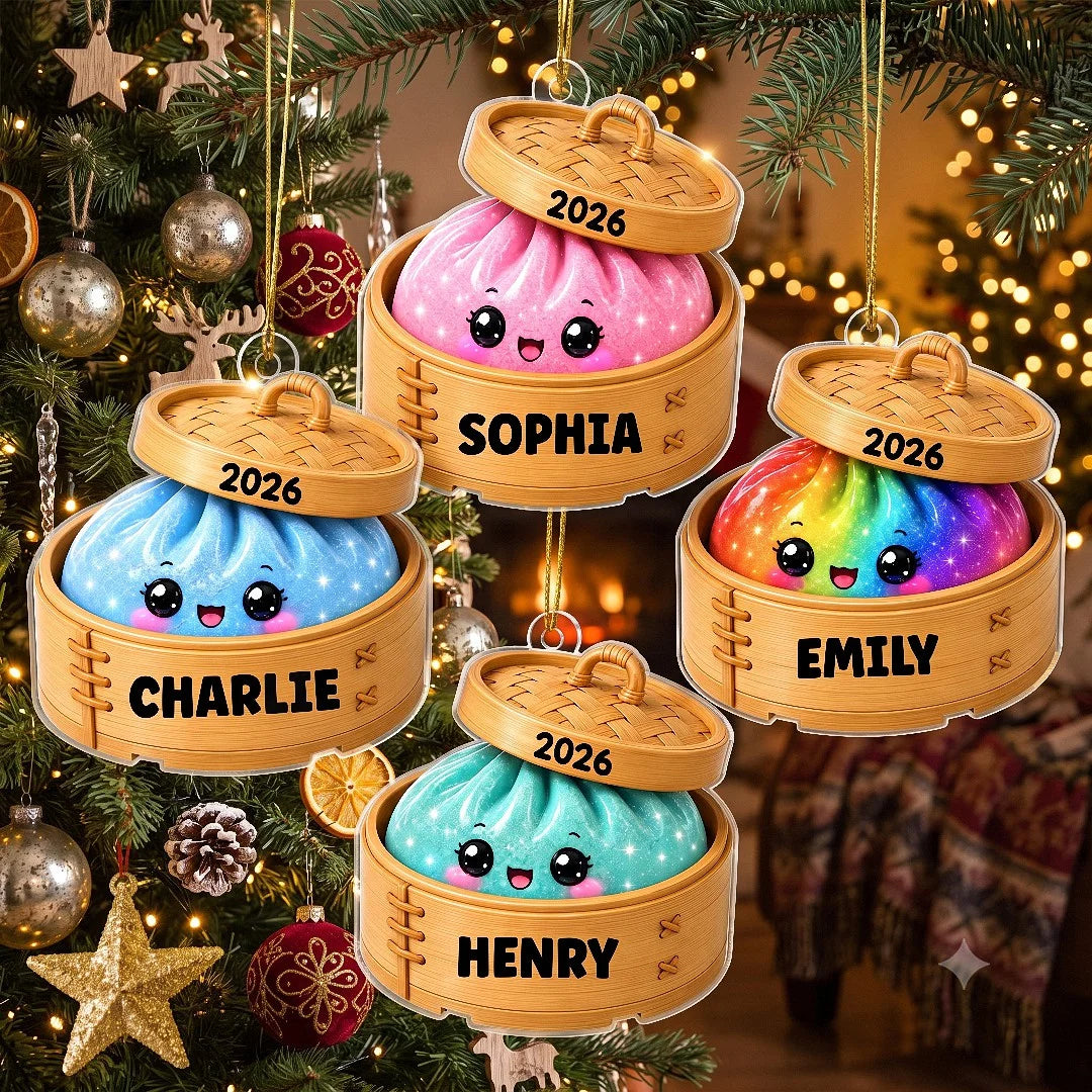 Customer in Los Angeles wearing Kawaii Dumpling Bamboo Steamer Christmas Ornament Personalized Cute Dim Sum Foodie Holiday Keepsake 