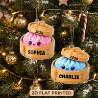 Close-up of Kawaii Dumpling Bamboo Steamer Christmas Ornament Personalized Cute Dim Sum Foodie Holiday Keepsake  for streetwear fans in Los Angeles