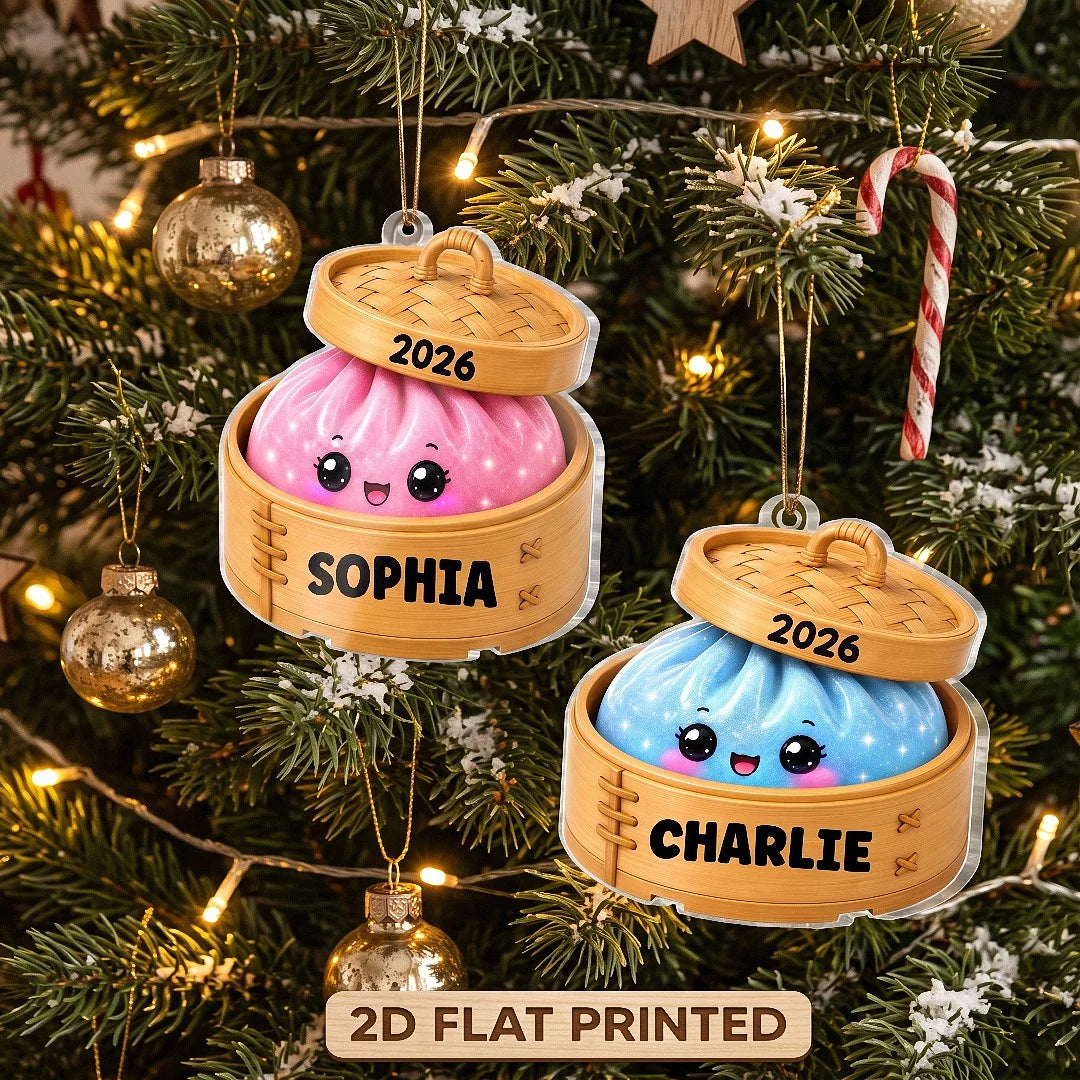 Close-up of Kawaii Dumpling Bamboo Steamer Christmas Ornament Personalized Cute Dim Sum Foodie Holiday Keepsake  for streetwear fans in Los Angeles