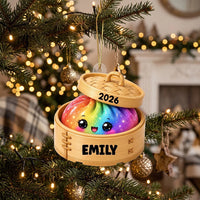 Customer in Los Angeles wearing Kawaii Dumpling Bamboo Steamer Christmas Ornament Personalized Cute Dim Sum Foodie Holiday Keepsake 