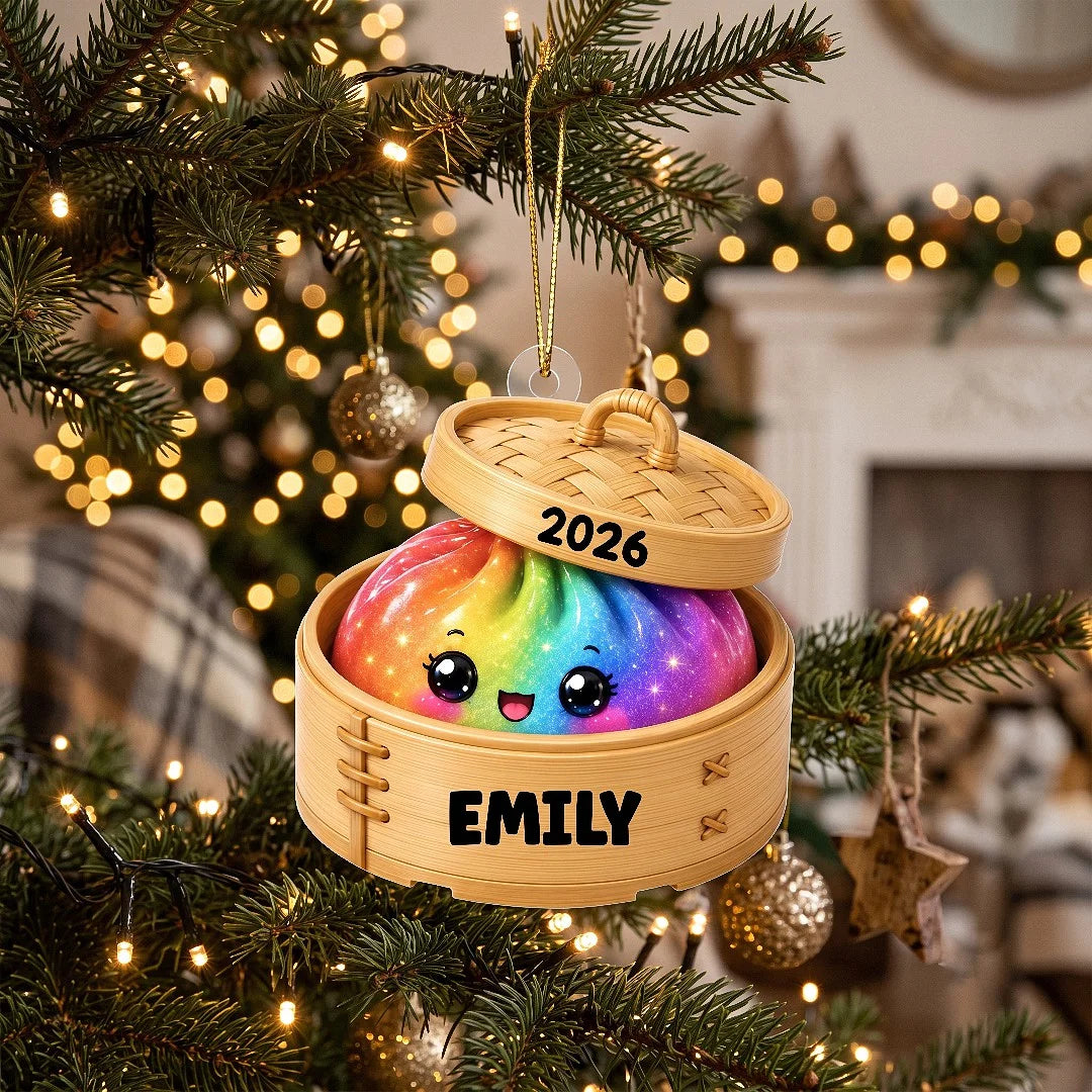 Customer in Los Angeles wearing Kawaii Dumpling Bamboo Steamer Christmas Ornament Personalized Cute Dim Sum Foodie Holiday Keepsake 