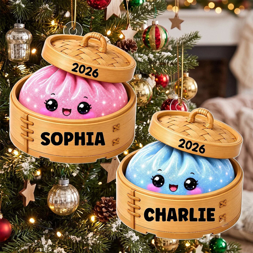 Close-up of Kawaii Dumpling Bamboo Steamer Christmas Ornament Personalized Cute Dim Sum Foodie Holiday Keepsake