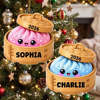 Close-up of Kawaii Dumpling Bamboo Steamer Christmas Ornament Personalized Cute Dim Sum Foodie Holiday Keepsake  for streetwear fans in Los Angeles