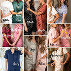 Grid showing sixteen color swatches and style options for personalized satin pajama sets.