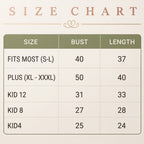 Size chart table listing bust and length measurements for Fits Most, Plus, and kids sizes for bridesmaid ruffle robes.