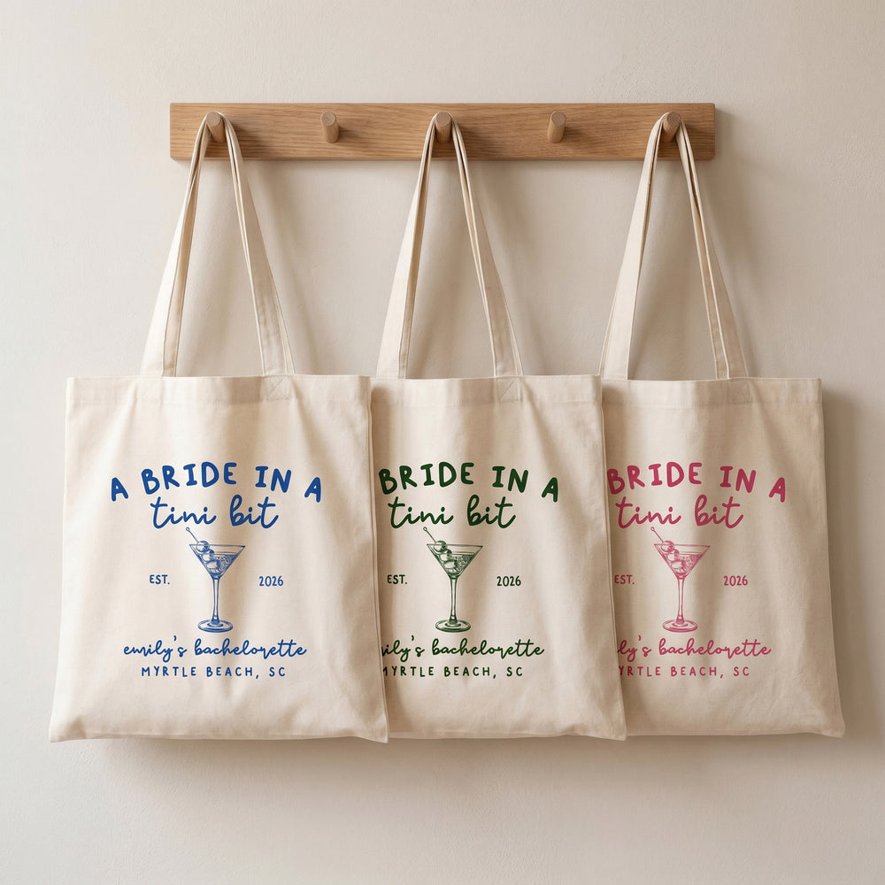 RodyThread Personalized Bachelorette Party Canvas Tote Bag for Bride Squad and Bridesmaids Cocktail-Core Mob Wife Aesthetic Natural Cotton Canvas A Bride in a Tini Bit Martini Design Custom Wedding Favor Reusable Eco Friendly Gift Bag