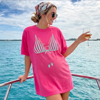 RodyThread Trendy Pregnant Girl Summer String Bikini Oversized Graphic T-Shirt For Women Mom To Be Beach Casual Minimalist Mocha Brown Cotton Blend Cute Pregnancy Announcement Tee Maternity Top Baby Shower Gift Summer Holiday Vacation Clothing