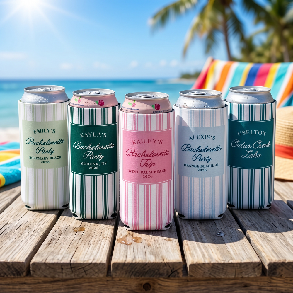 RodyThread Custom Personalized Coastal Bachelorette Trip Slim Can Cooler For Bridesmaids Preppy Coastal Grandma Pink And White Ticking Stripe Neoprene Custom Beach Bachelorette Party Favors Last Toast On The Coast