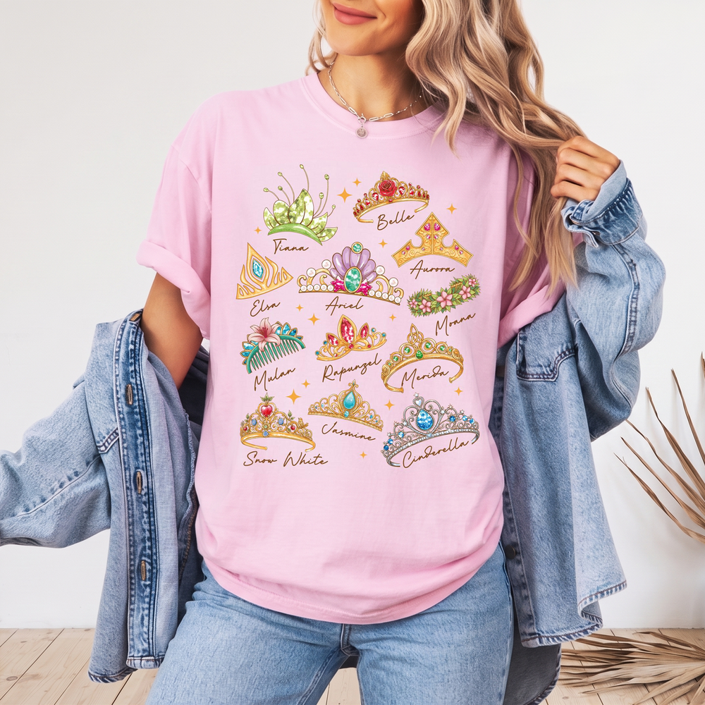 RodyThread Unbranded Fairytale Princess Crowns Signature Short Sleeve T-Shirt Graphic Tee For Women And Teens Coquette Whimsical Preppy Aesthetic Beige Cotton Blend Magical Vacation 2026 Besties Girls Trip Top Casual Loose Fit Summer Y2K Apparel