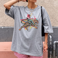 RodyThread Rodeo Leopard Wild Ride Oversized Graphic T-Shirt Women's Retro Western Country Music Festival Chic Cream Cotton Blend Vintage Cowgirl She's A Wild One Graphic Tee Trendy Summer Top Y2K Aesthetic Streetwear Leopard Print Outfit