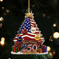 Close-up of Merry Christmas 250th 1776-2026 Ornament, America 250th Anniversary US Semiquincentennial American F for streetwear fans in Los Angeles
