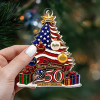 Customer in Los Angeles wearing Merry Christmas 250th 1776-2026 Ornament, America 250th Anniversary US Semiquincentennial American F