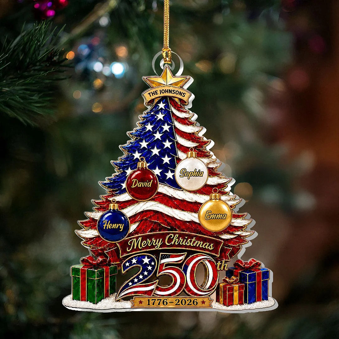 Close-up of Merry Christmas 250th 1776-2026 Ornament, America 250th Anniversary US Semiquincentennial American F