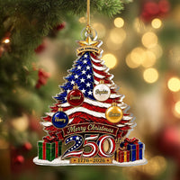 Close-up of Merry Christmas 250th 1776-2026 Ornament, America 250th Anniversary US Semiquincentennial American F for streetwear fans in Los Angeles