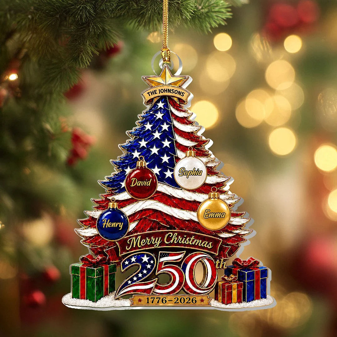 Close-up of Merry Christmas 250th 1776-2026 Ornament, America 250th Anniversary US Semiquincentennial American F
