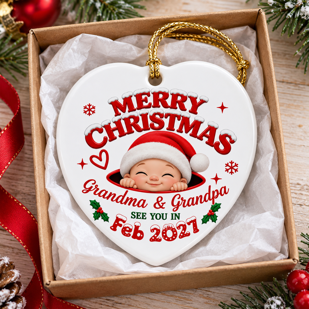 Heart-shaped ceramic ornament inside an open gift box with white tissue paper, featuring a baby graphic and custom