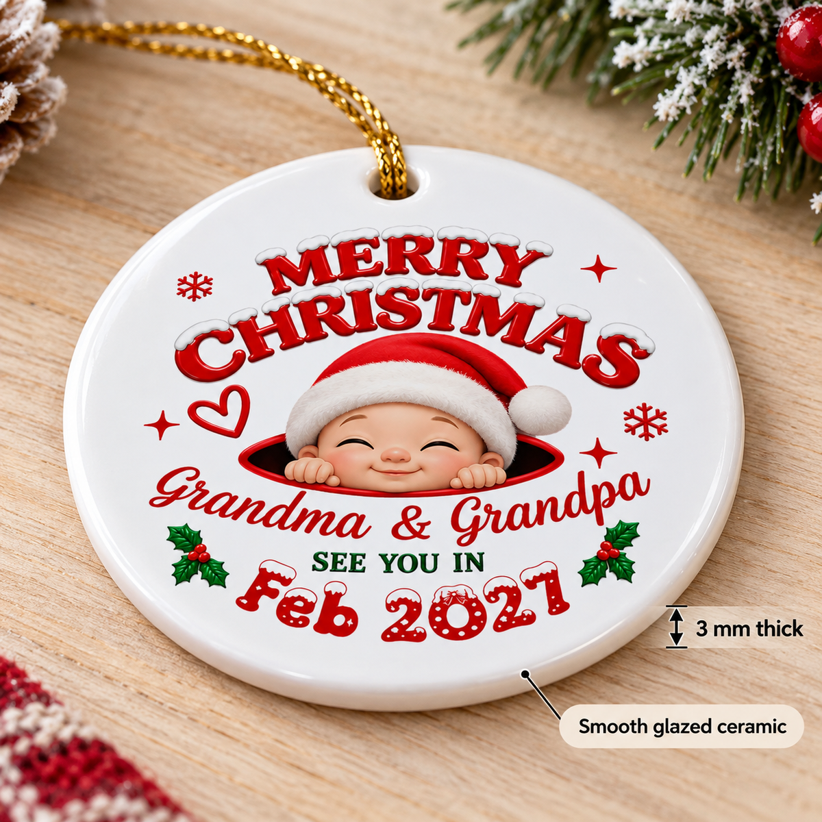 Customer in Los Angeles wearing Merry Christmas Ornament Personalized Baby's First Christmas Keepsake Custom Name Gift for Grandma G