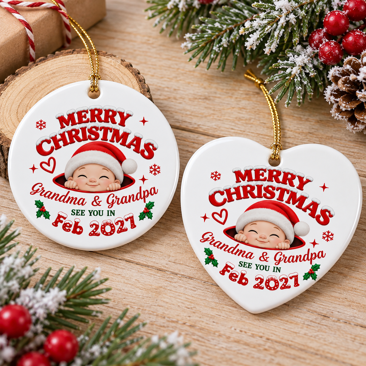 Close-up of Merry Christmas Ornament Personalized Baby's First Christmas Keepsake Custom Name Gift for Grandma G for streetwear fans in Los Angeles