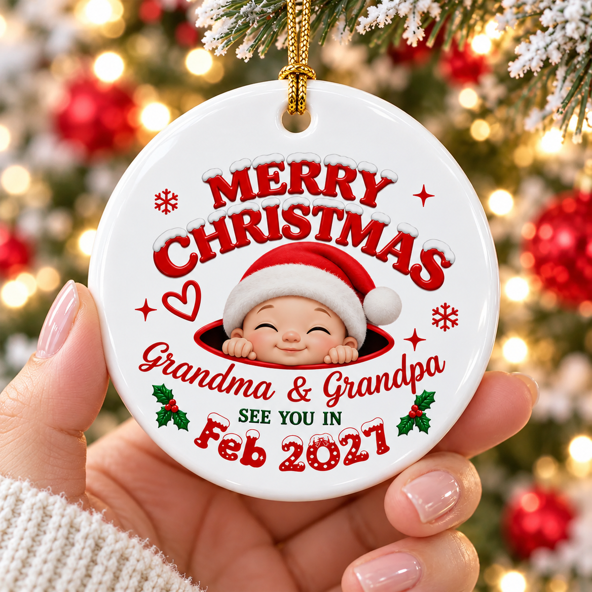 Customer in Los Angeles wearing Merry Christmas Ornament Personalized Baby's First Christmas Keepsake Custom Name Gift for Grandma G