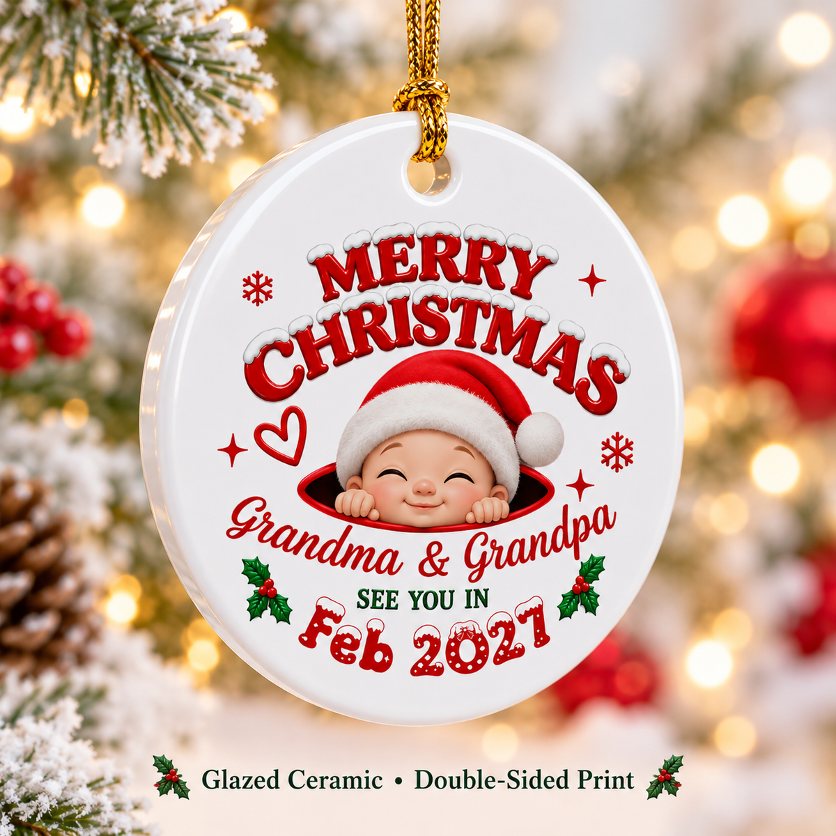 Close-up of Merry Christmas Ornament Personalized Baby's First Christmas Keepsake Custom Name Gift for Grandma G for streetwear fans in Los Angeles