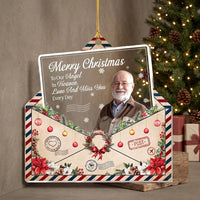 Customer in Los Angeles wearing Merry Christmas To Our Angel In Heaven, Love And Miss You Every Day Acrylic Ornament — Acrylic Ornam