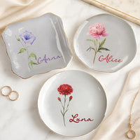 Morning Glory Jewelry Tray, Personalized Floral Ceramic Trinket Dish Ring Holder, Custom Name Vanity Organizer Gift for Women