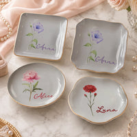 Morning Glory Jewelry Tray, Personalized Floral Ceramic Trinket Dish Ring Holder, Custom Name Vanity Organizer Gift for Women