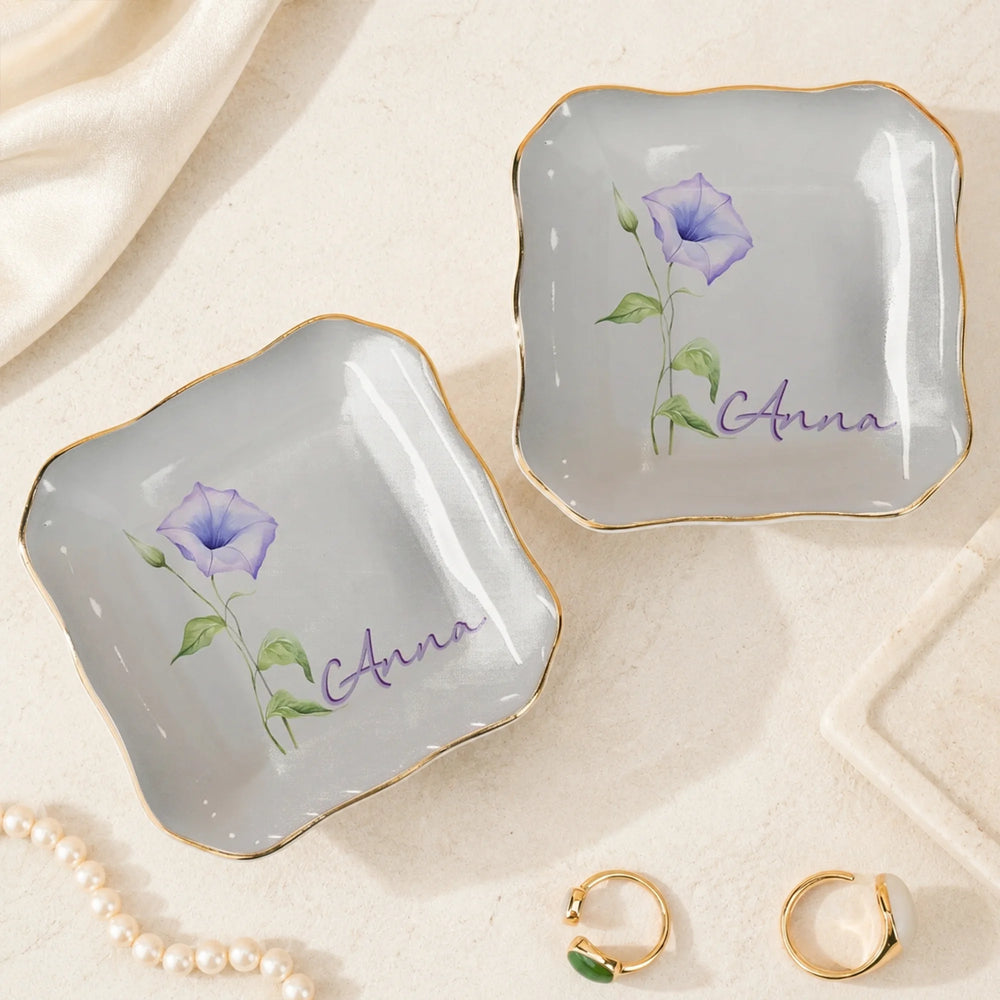 Morning Glory Jewelry Tray, Personalized Floral Ceramic Trinket Dish Ring Holder, Custom Name Vanity Organizer Gift for Women