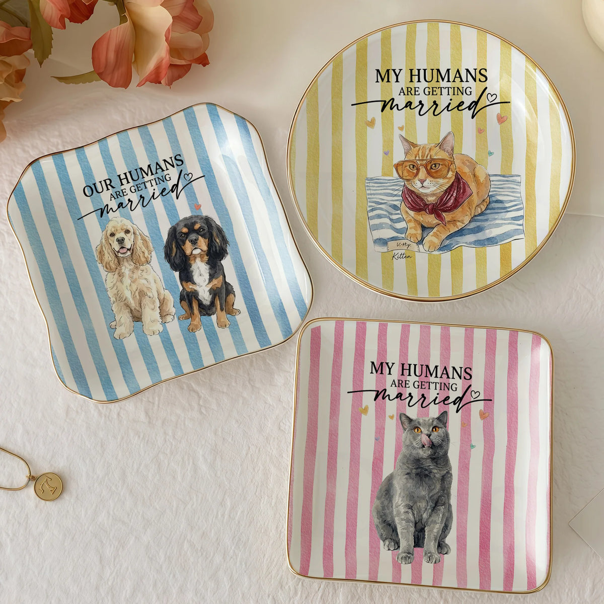 Three decorative trinket dishes in round, square, and wavy shapes with pet illustrations and My Humans Are Getting Married