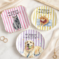 Three custom ceramic ring dishes featuring cat and dog portraits, gold rims, and striped pastel backgrounds.