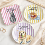 Three custom ceramic ring dishes featuring cat and dog portraits, gold rims, and striped pastel backgrounds.