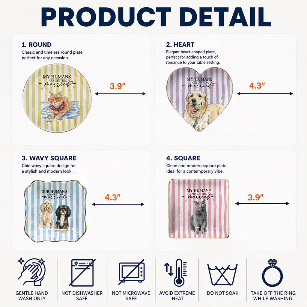 Product detail infographic explaining plate shapes, sizes from 3.9 to 4.3 inches, and gentle hand wash care instructions.