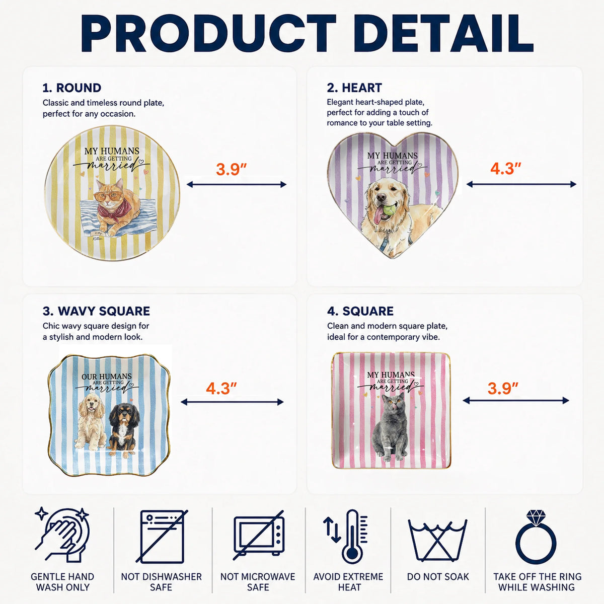 Product detail infographic explaining plate shapes, sizes from 3.9 to 4.3 inches, and gentle hand wash care instructions.