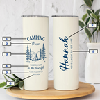 Personalized camping tumbler with numbered callout boxes pointing to custom text fields, graphics, location details, and