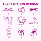 Graphic options chart showing nine custom line art designs including bows, rings, sunglasses, shells, sailboats, and