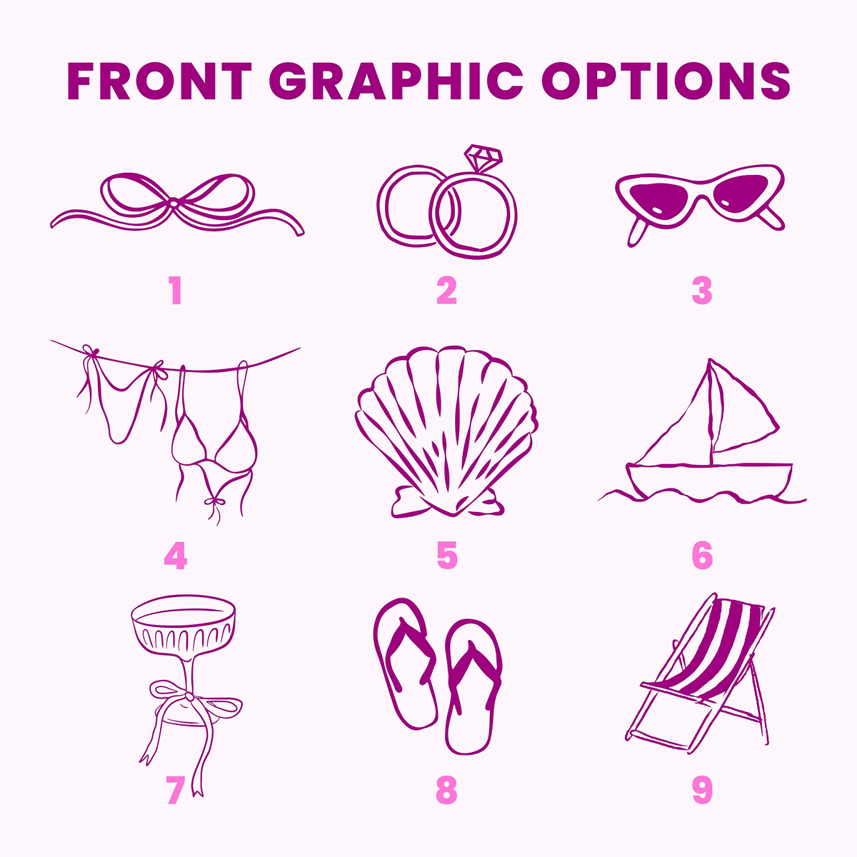 Graphic options chart showing nine custom line art designs including bows, rings, sunglasses, shells, sailboats, and