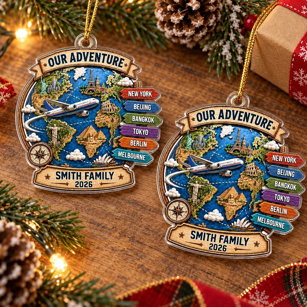Close-up of Our Adventure Personalized Travel Ornament Custom Family Vacation Christmas Gift