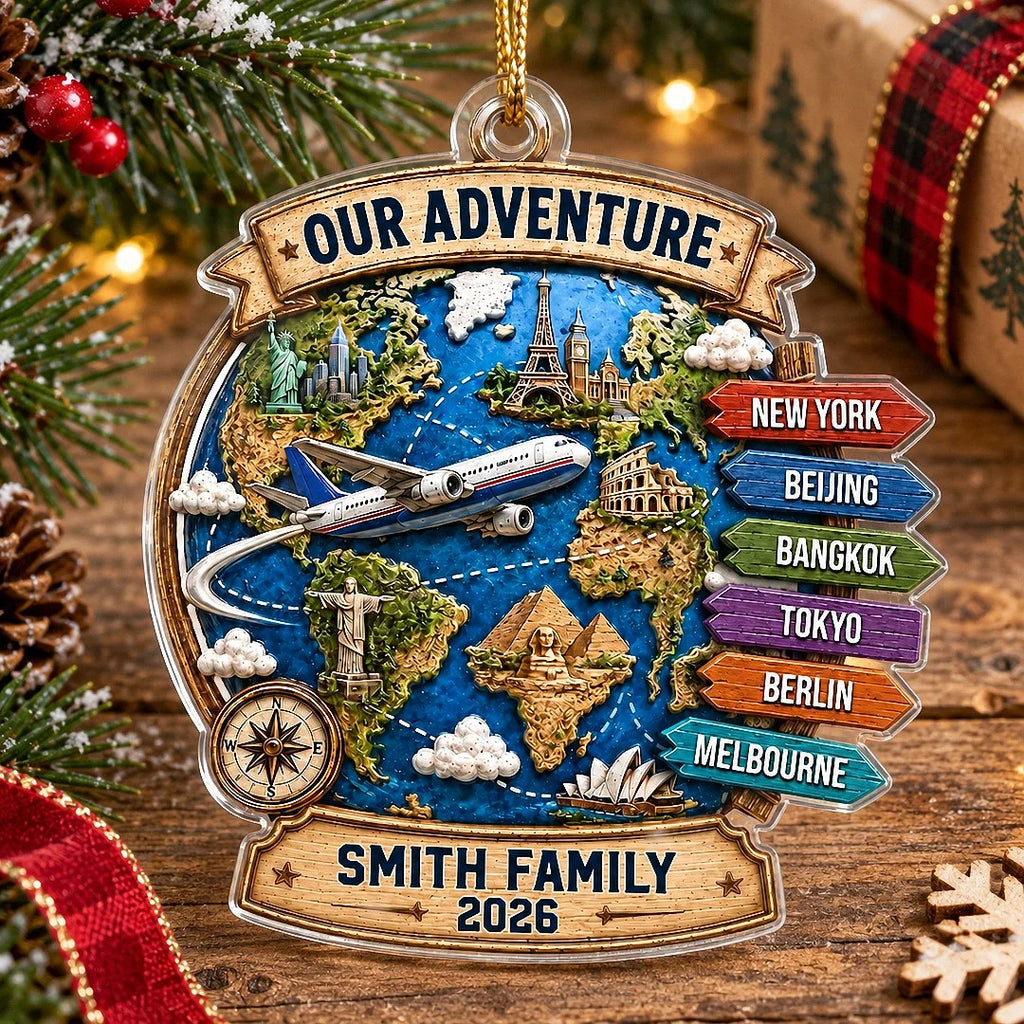 Our Adventure Personalized Travel Ornament Custom Family Vacation Christmas Gift