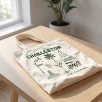 Personalized Charleston Bachelorette Canvas Tote Bag Custom Bridal Party Favor for Bridesmaids Preppy Coastal Southern Charm Hand-Drawn Aesthetic Natural Cotton Destination Wedding Welcome Totes Swag Bag Gift