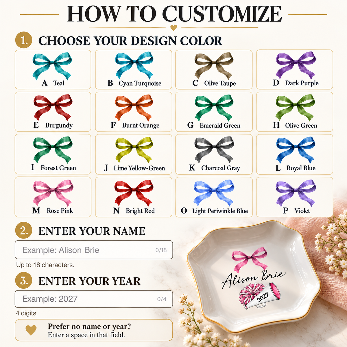 Customization guide showing design color options, name entry field, and year input for the porcelain trinket dish.