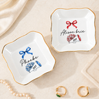 Customer in Los Angeles wearing Personalized Cheerleader Pom Pom Dish with Custom Name Gold Rim Porcelain Trinket Tray Gift for Squa