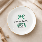Customer in Los Angeles wearing Personalized Cheerleader Pom Pom Dish with Custom Name Gold Rim Porcelain Trinket Tray Gift for Squa