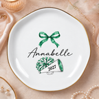 Close-up of Personalized Cheerleader Pom Pom Dish with Custom Name Gold Rim Porcelain Trinket Tray Gift for Squa for streetwear fans in Los Angeles