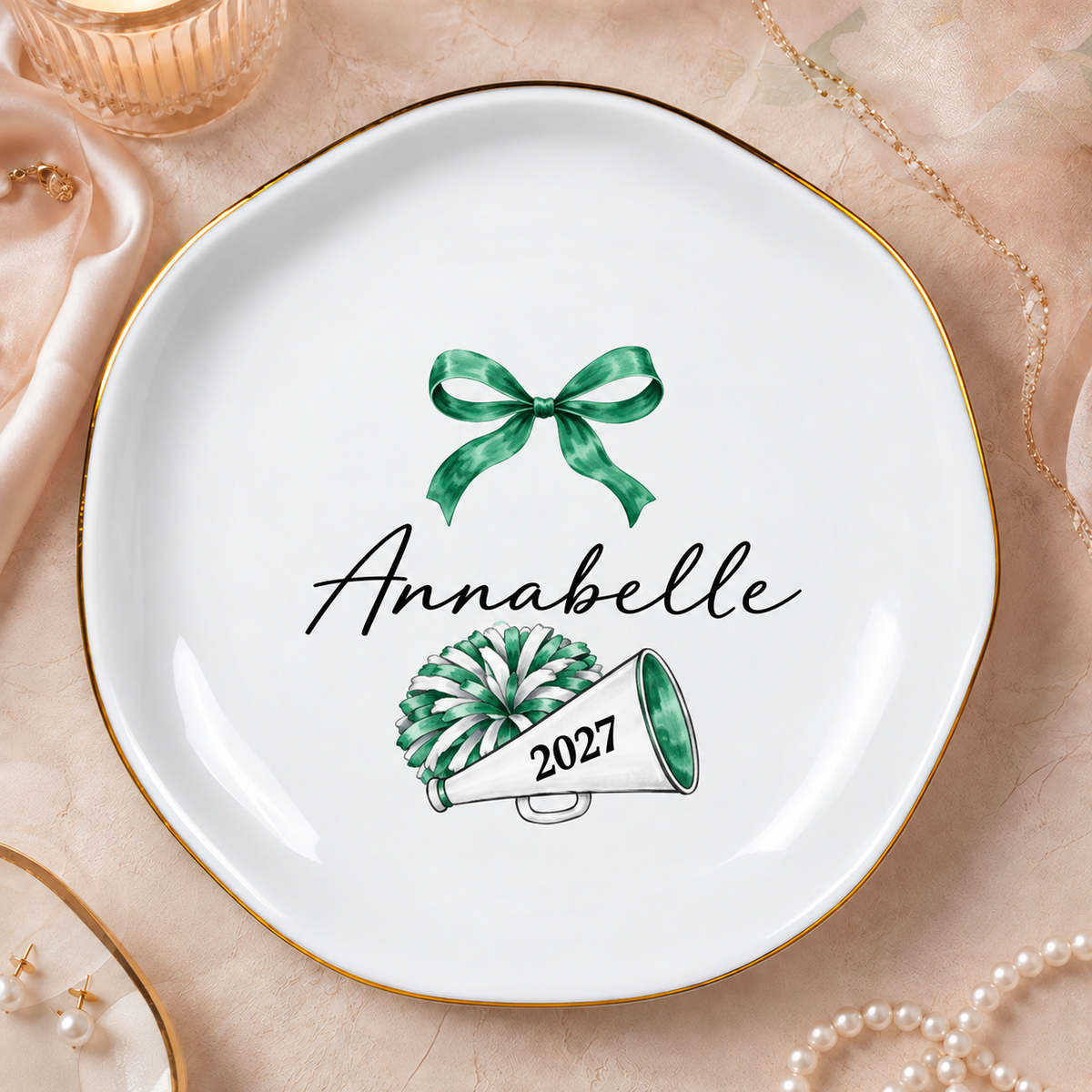 Close-up of Personalized Cheerleader Pom Pom Dish with Custom Name Gold Rim Porcelain Trinket Tray Gift for Squa for streetwear fans in Los Angeles